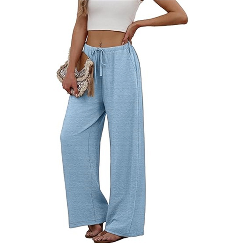 Women's Solid Color Elastic Waist Wide-Leg Beach Pants with Pockets