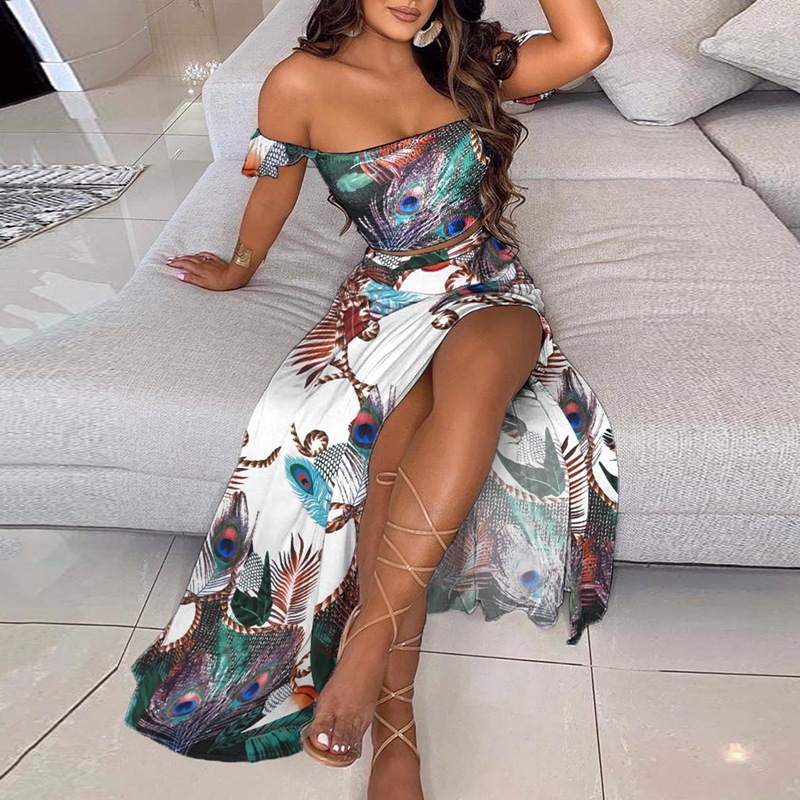 Women's Slim Fit French Bohemian Print Midi Strapless Two-Piece Dress Set