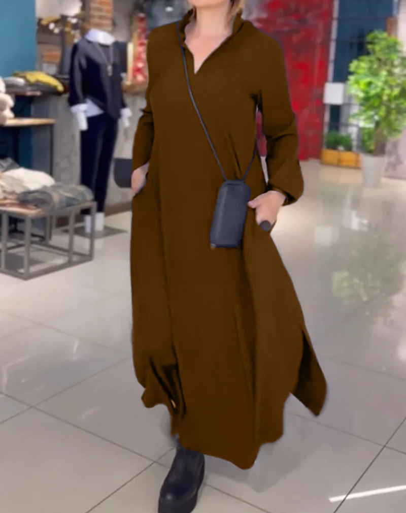 Women's Casual Solid V-Neck Long Sleeve Pocket Dress