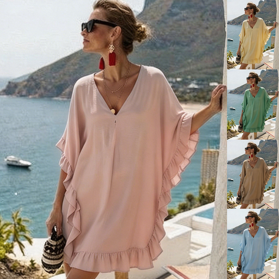 Ruffled V-Neck Patchwork Beach Dress