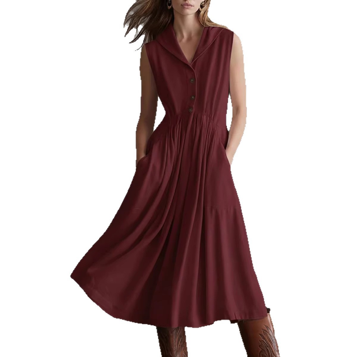 Women's Sleeveless A-Line Midi Dress with Oversized Collar