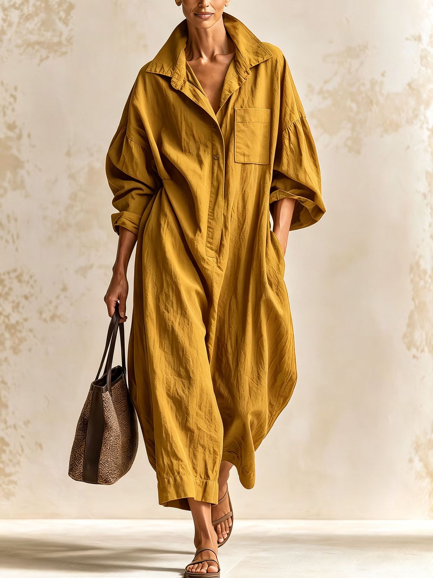 Cotton-Linen Collared Long-Sleeve Wide-Leg Jumpsuit