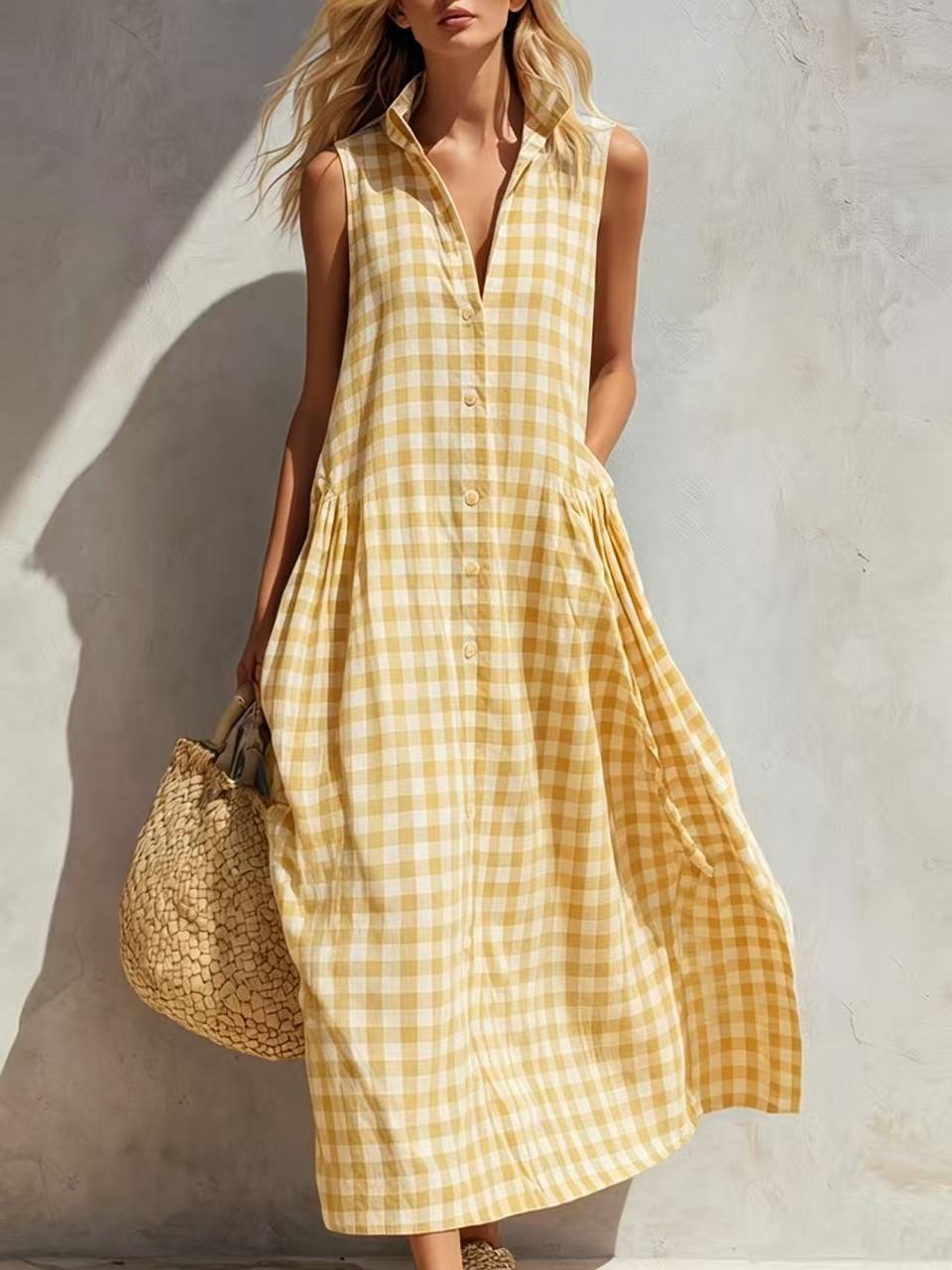 Sleeveless Plaid Maxi Dress Loose Vacation Beach
