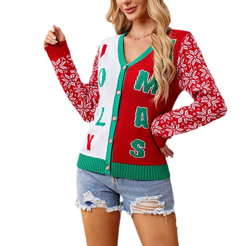 Red Christmas Cardigan Sweater with Letter Jacquard V-Neck Knit