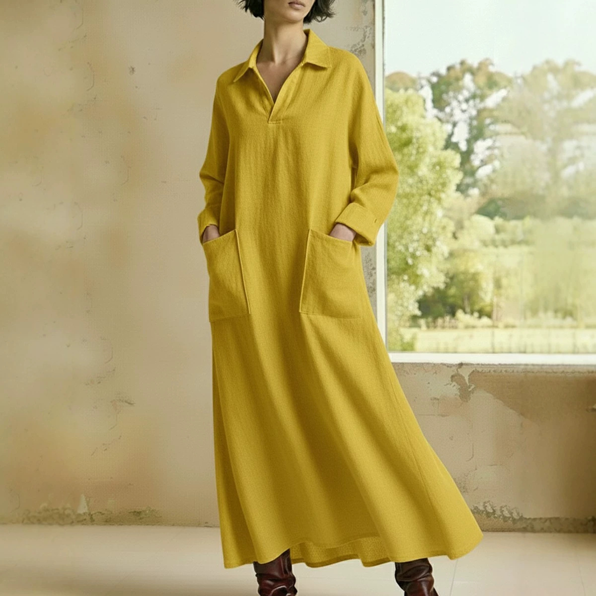 Solid Color Polo Collar Double Pocket Long Sleeve A-Line Maxi Dress
