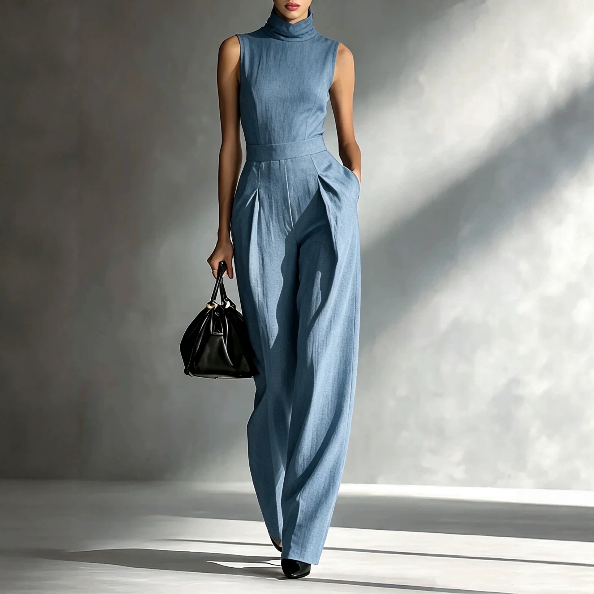 Sleeveless High Neck Wide Leg Jumpsuit with Cinched Waist