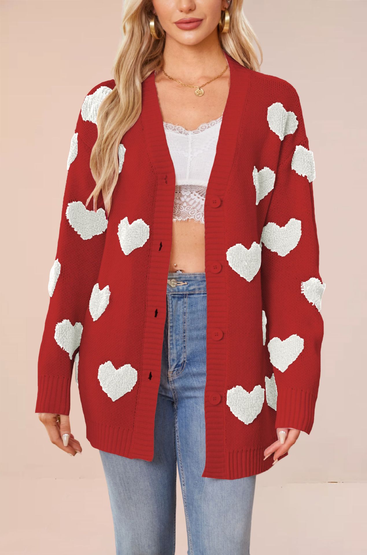 Heart Jacquard Knit Cardigan V-Neck Button Midi Length