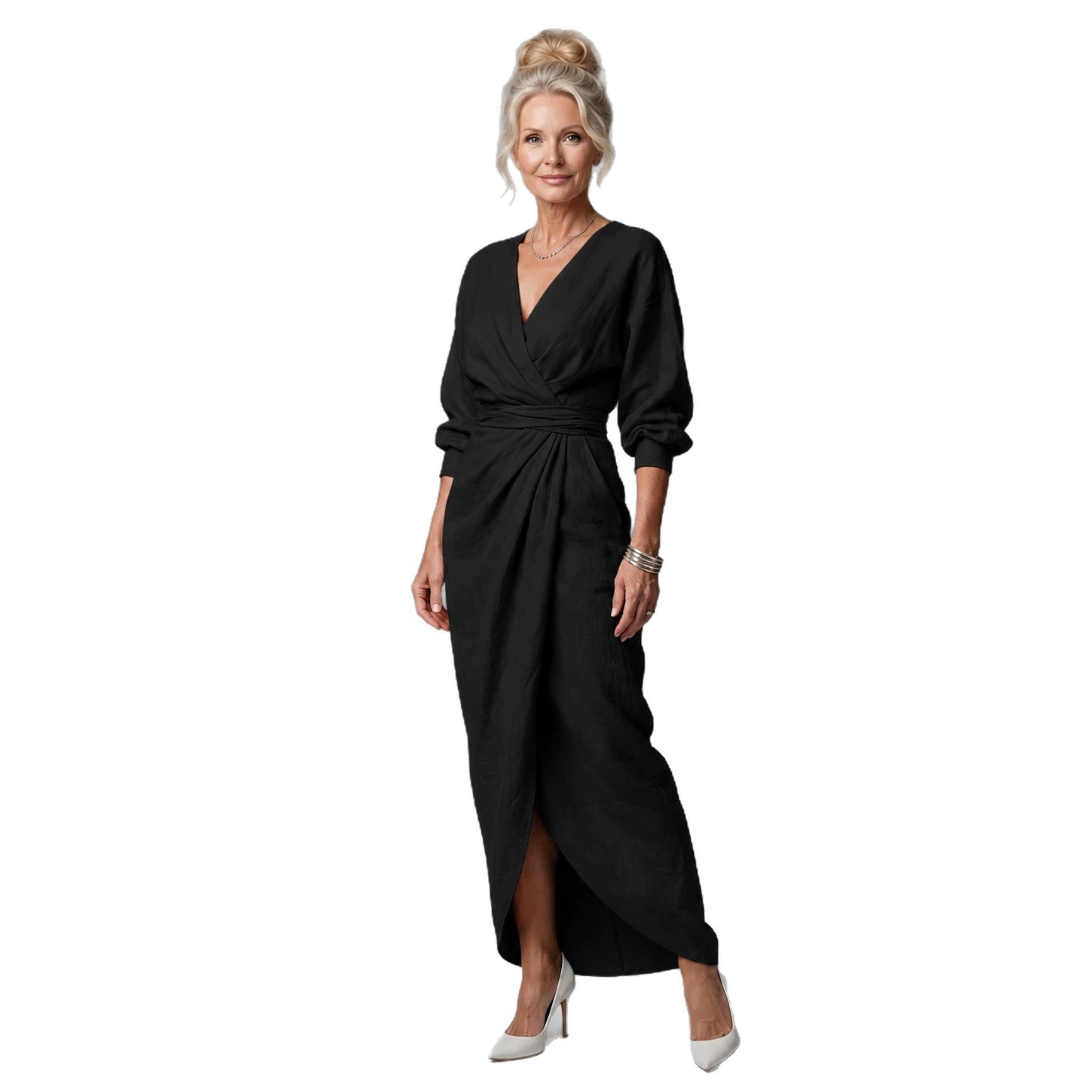 Elegant Solid V-Neck Long Sleeve Pocket Slit Belted Midi Dress