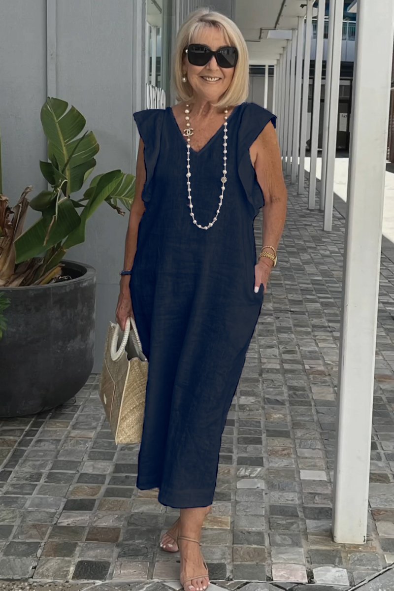 Women's Summer Cotton-Linen Dress with Back Tie and Flutter Sleeves
