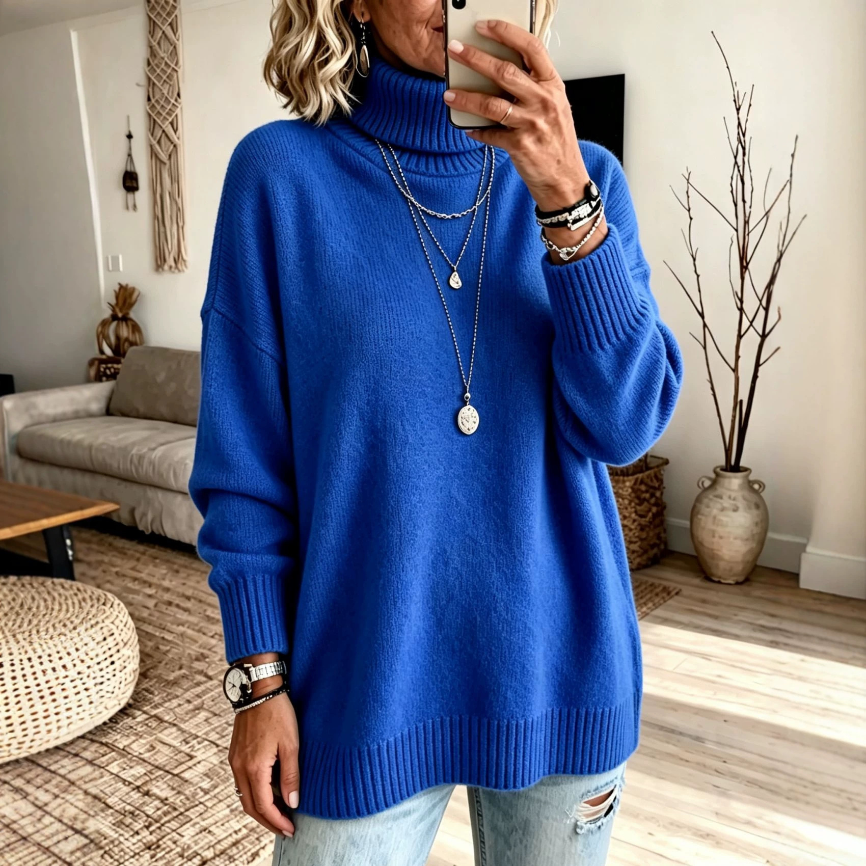 Women's Turtleneck Sweater Loose Knit Pullover Soft Thickened Base Layer