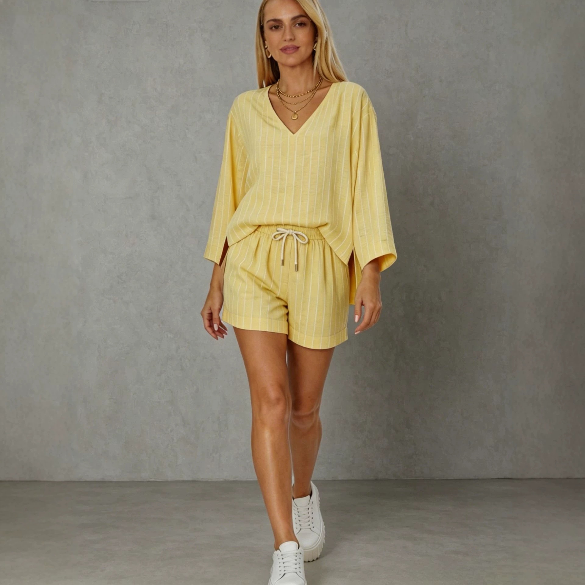 Women's Striped Two-Piece Set V-Neck Long Sleeve Top & Shorts
