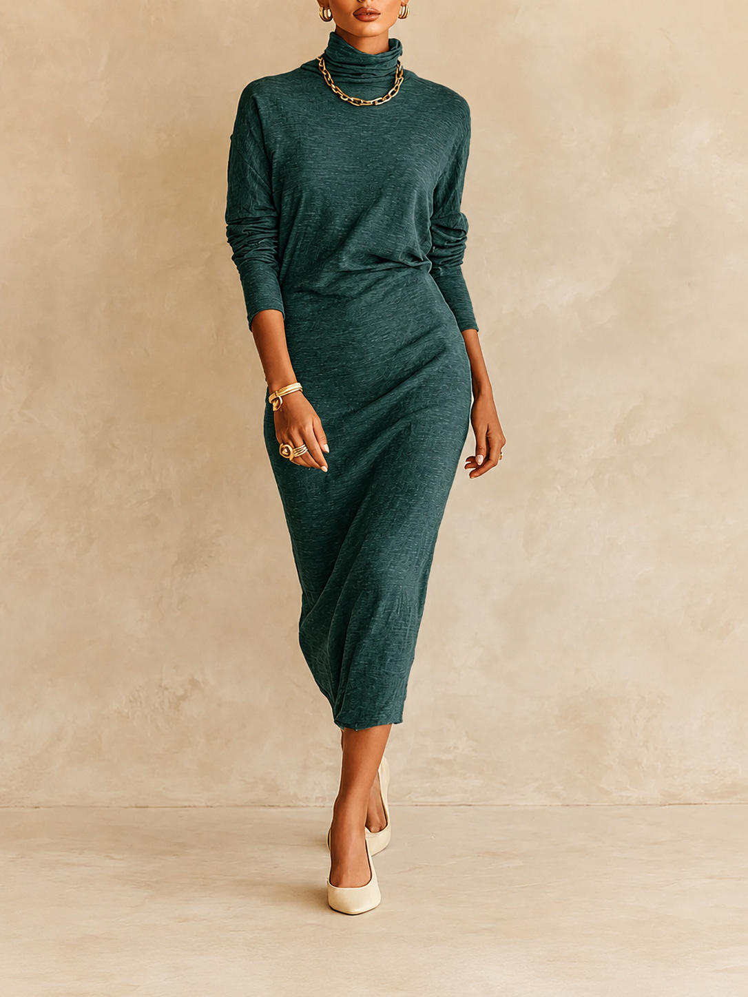 Women's Turtleneck Solid Bodycon Midi Dress Slim Fit Elegant