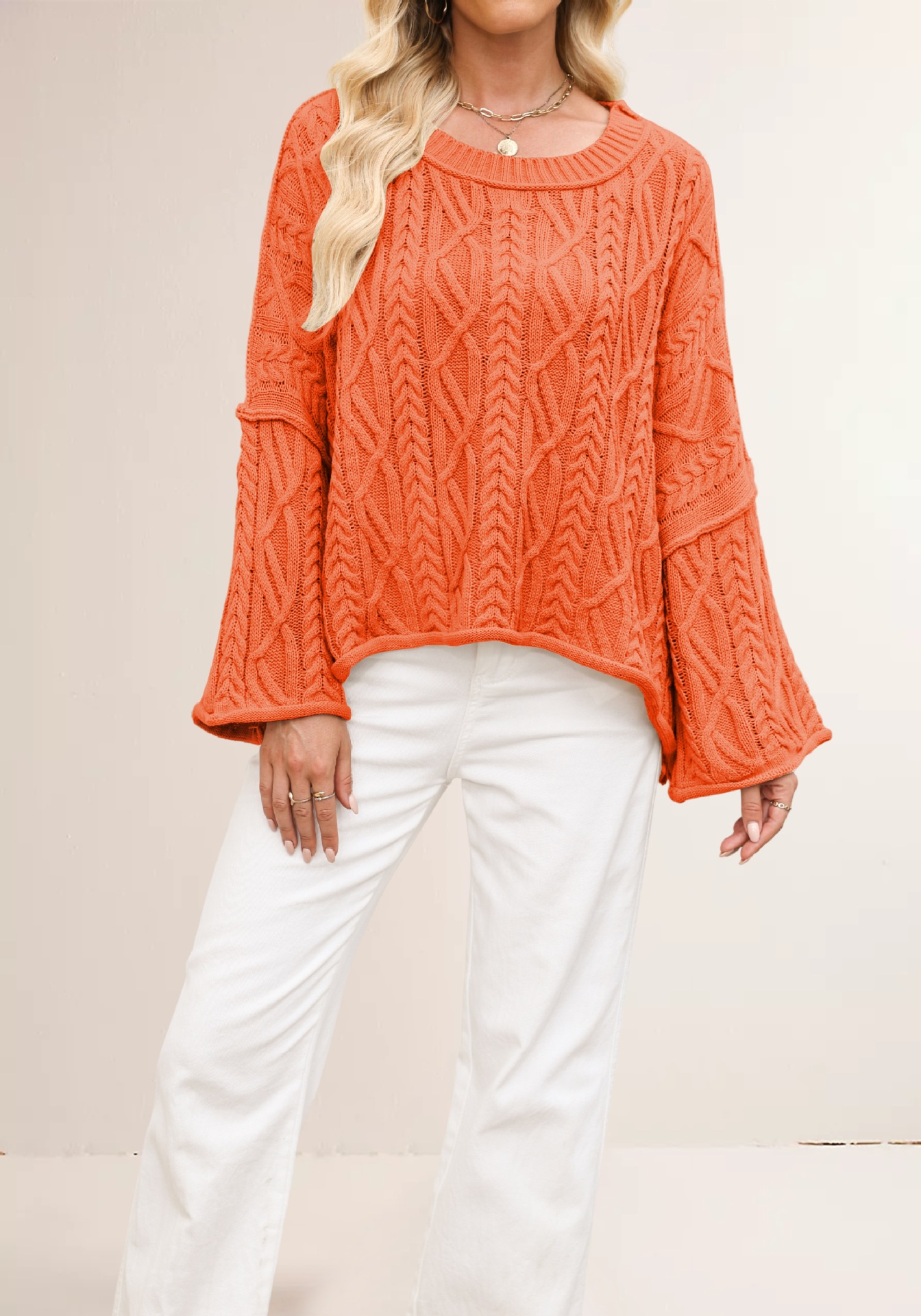 Cable Knit Cropped Sweater Plus Size Loose Crew Neck Pullover
