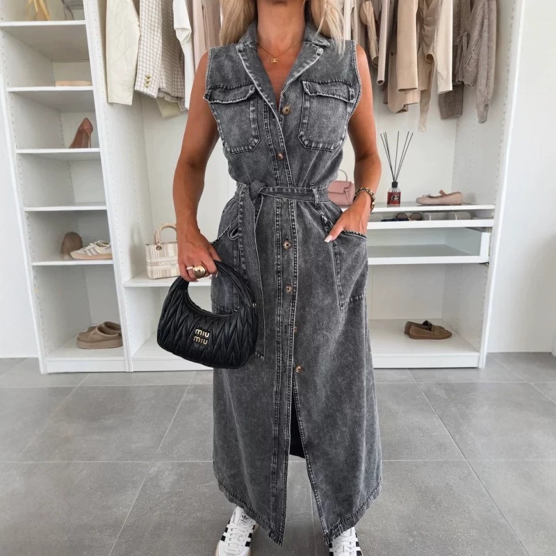 Sleeveless Long Belted Single-Breasted Denim Dress