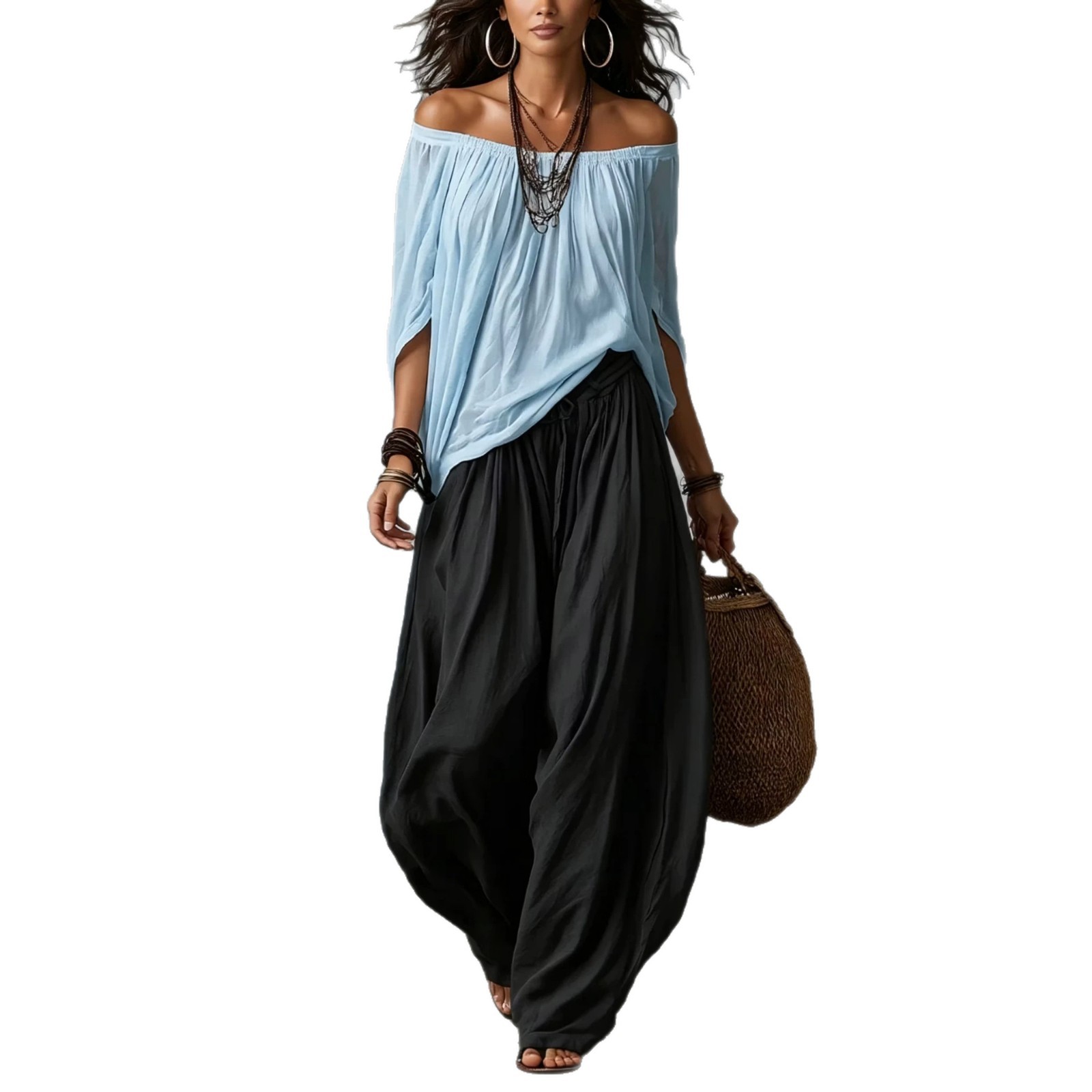 Women's Casual Solid Off-Shoulder Top and Lantern Pants Set
