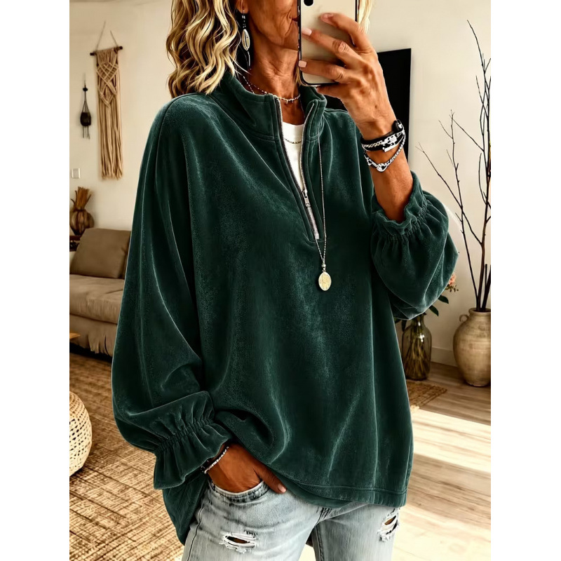 Women's Casual Zip-Up Loose Sweatshirt with Lapel Collar