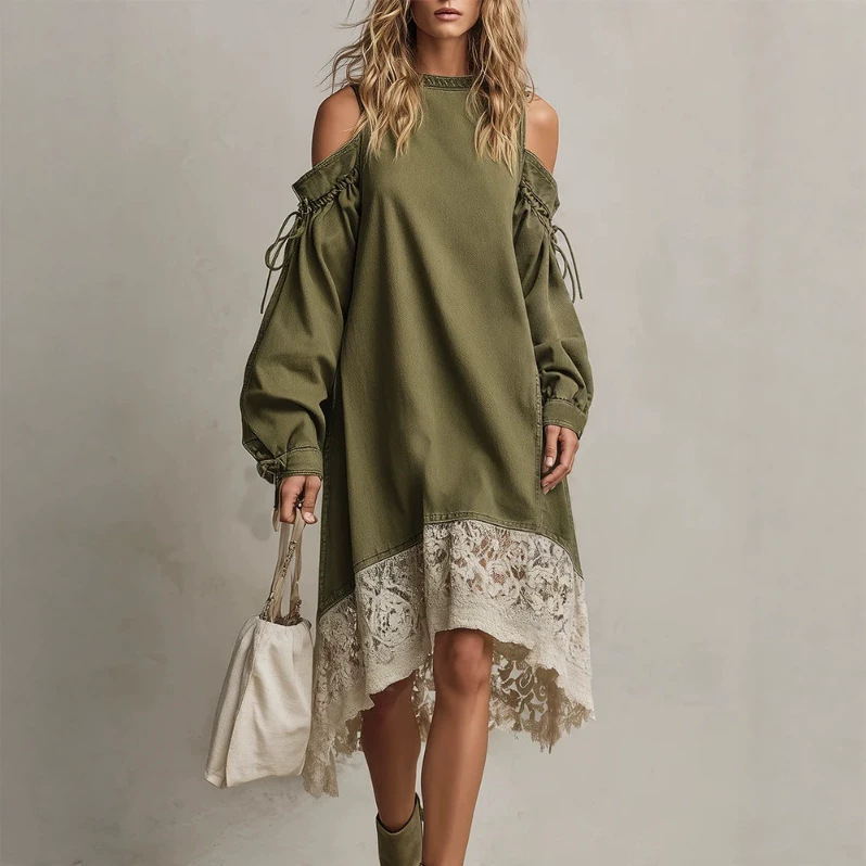 Bohemian Off-Shoulder Lace-Up Denim Dress