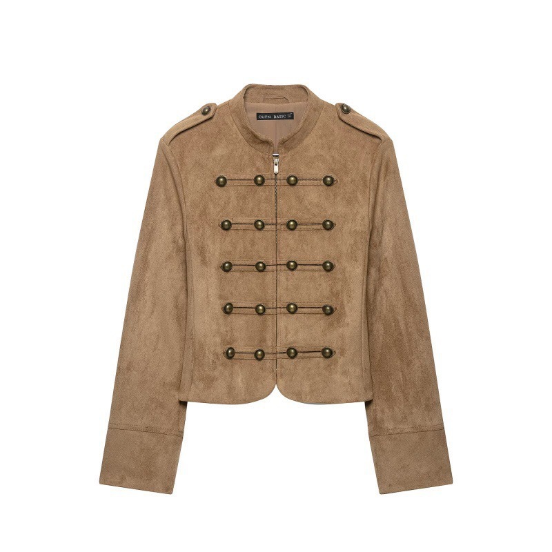 Women's Short Round-Neck Button-Trim Long-Sleeve Jacket