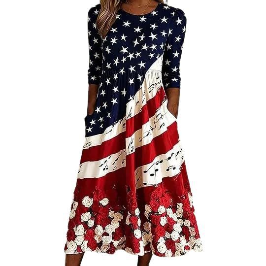Women's Star Print Pleated Midi Dress Short Sleeve Crew Neck Slim Fit