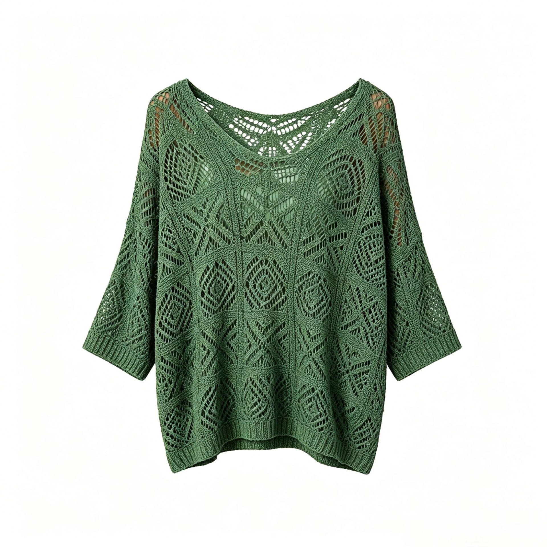 V-Neck Diamond Crochet Hollow-Out Knit Top with Dolman Sleeves