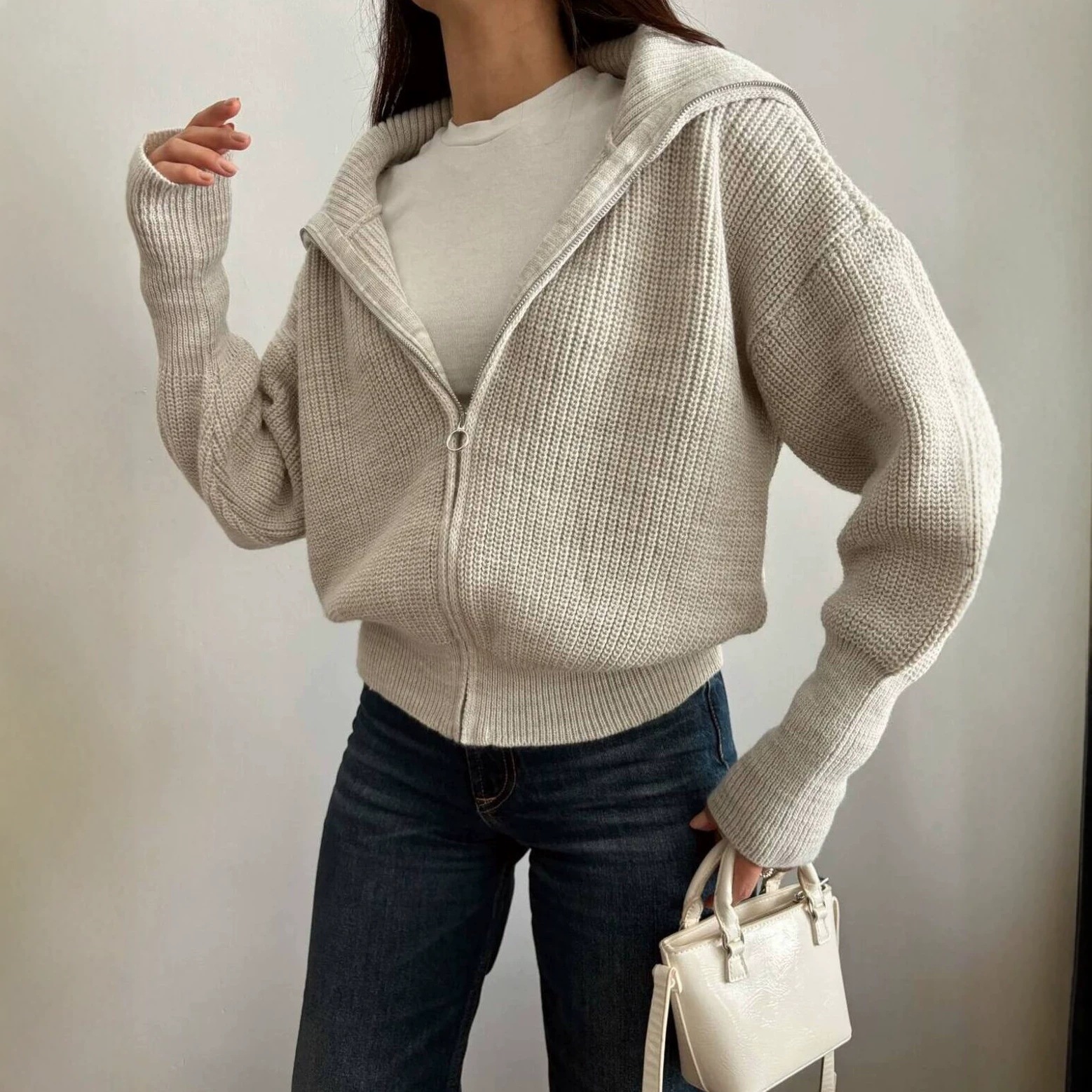 Women's Thick Loose V-Neck Zip-Up Cardigan Sweater Coat Solid Color