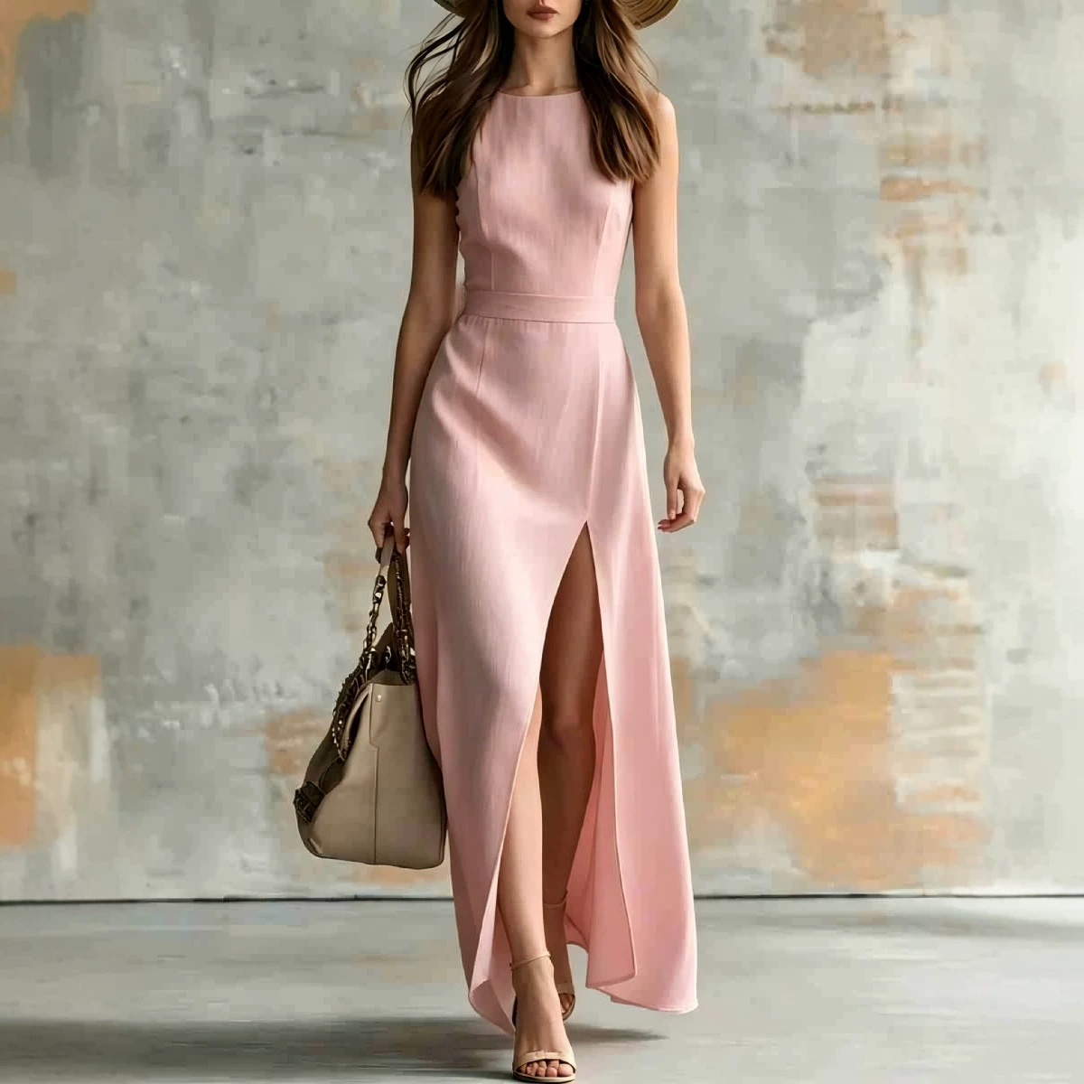 Women's Sleeveless Crew Neck Cotton-Linen Dress with Side Slit