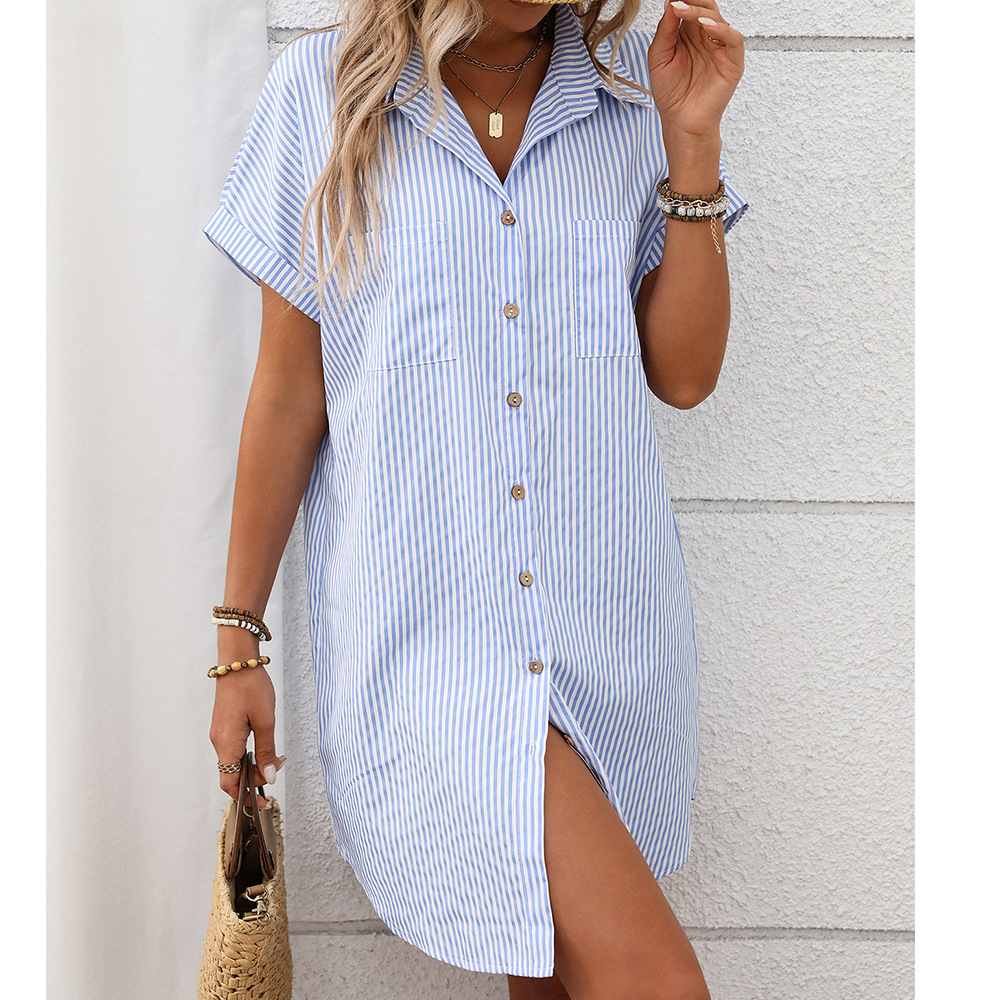 Striped Cotton-Linen Short-Sleeve Midi Shirt Dress