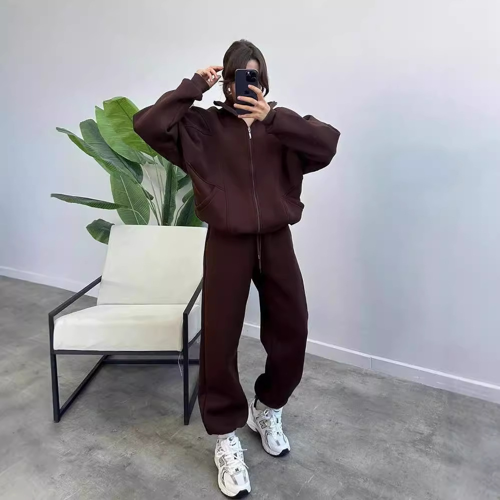 Women's Fleece-Lined Long-Sleeve Sweatsuit Set Solid Color Zip-Up