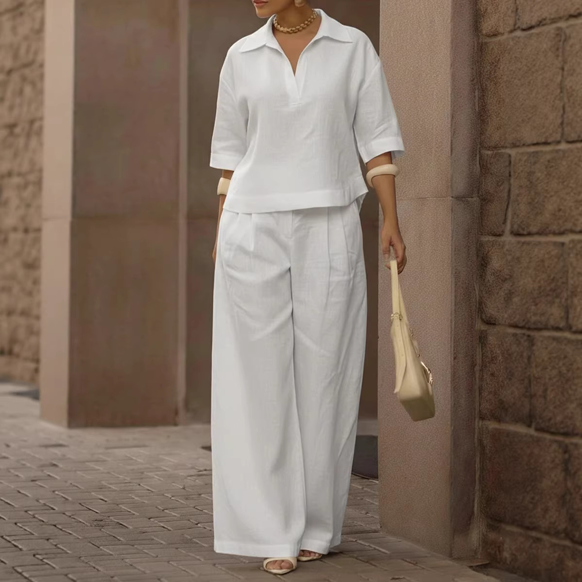 Women's Solid Color Two-Piece Wide-Leg Pants Set Slimming Versatile