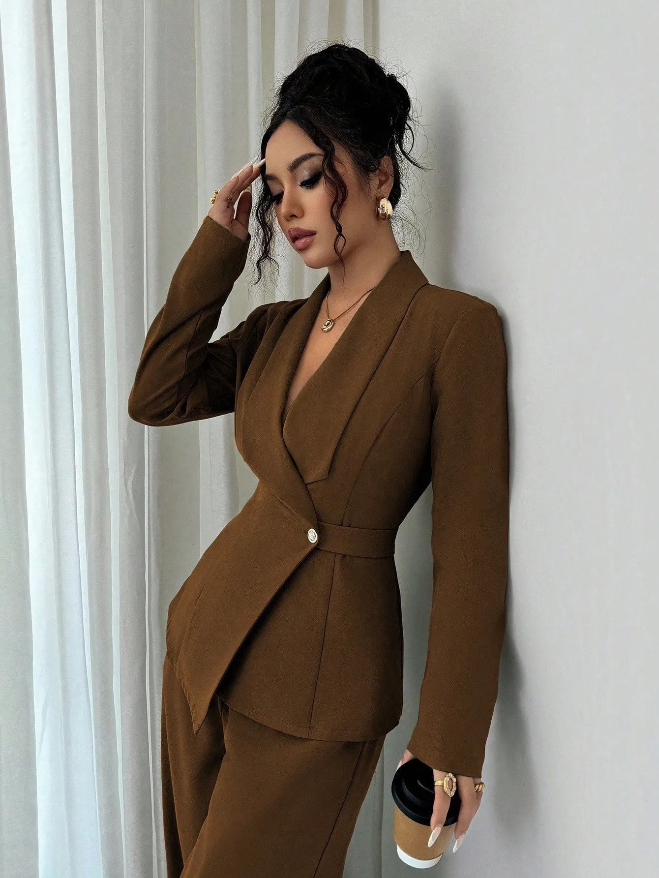 Women's Solid V-Neck Long Blazer and Wide-Leg Pants Two-Piece Set