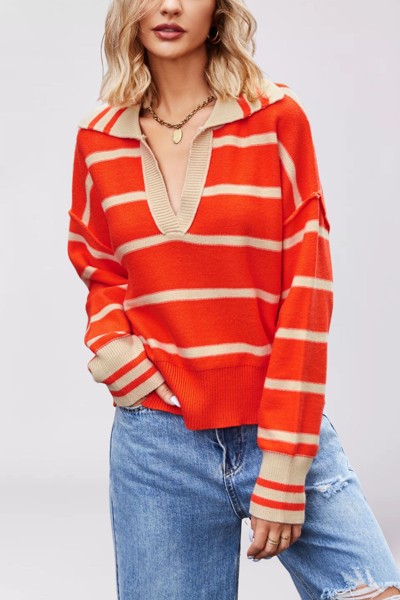 Striped Colorblock Knit Sweater with Collar Loose Plus Size