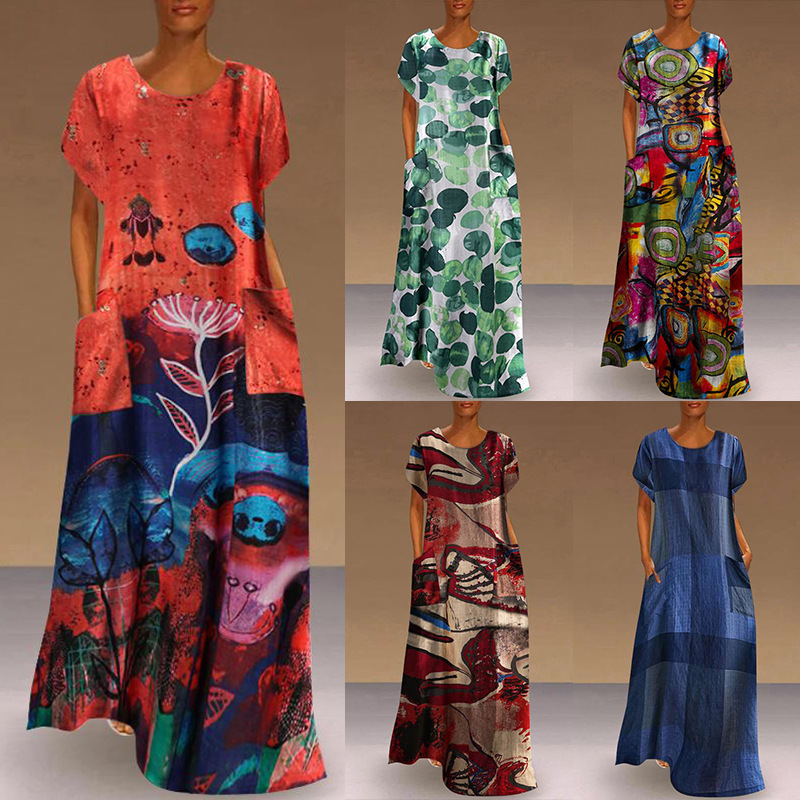 Women's Summer Short Sleeve Printed Casual Long Dress