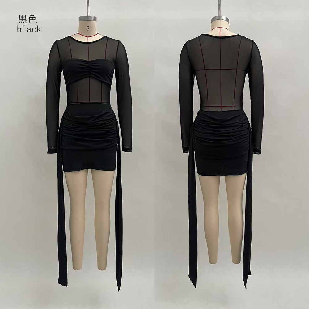 Women's Sheer Mesh Spliced Long Sleeve Tie-Front Mini Dress
