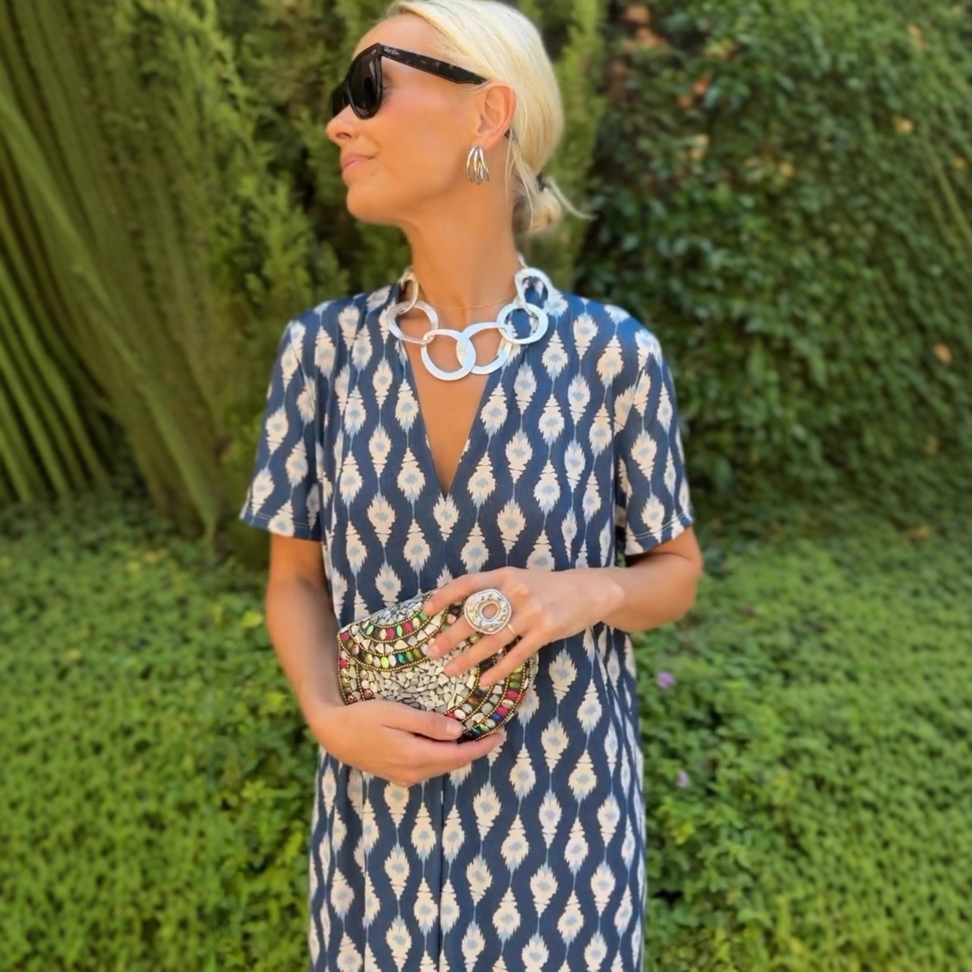 Women's Summer Floral V-Neck Midi Dress Short Sleeve Loose Waist
