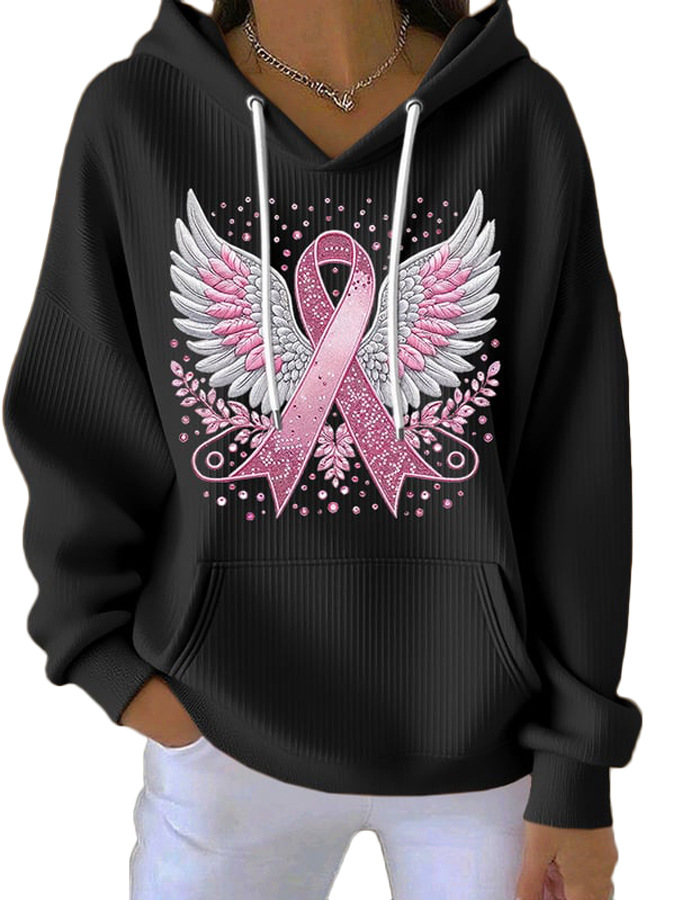 Women's Striped Hooded Long-Sleeve Sweatshirt with Cartoon Digital Print