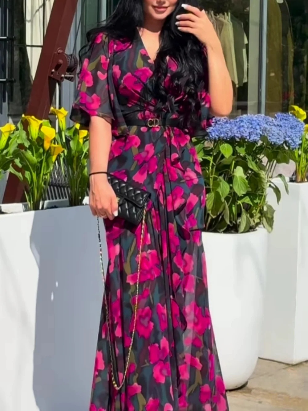 Women's Floral Print Asymmetrical Long Dress with V-Neck and Ruffle Sleeves