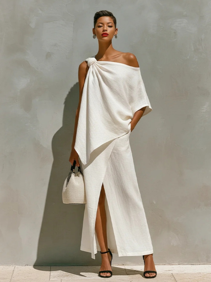 Women's Solid Color One-Shoulder Knot Front Slit Irregular Two-Piece Set