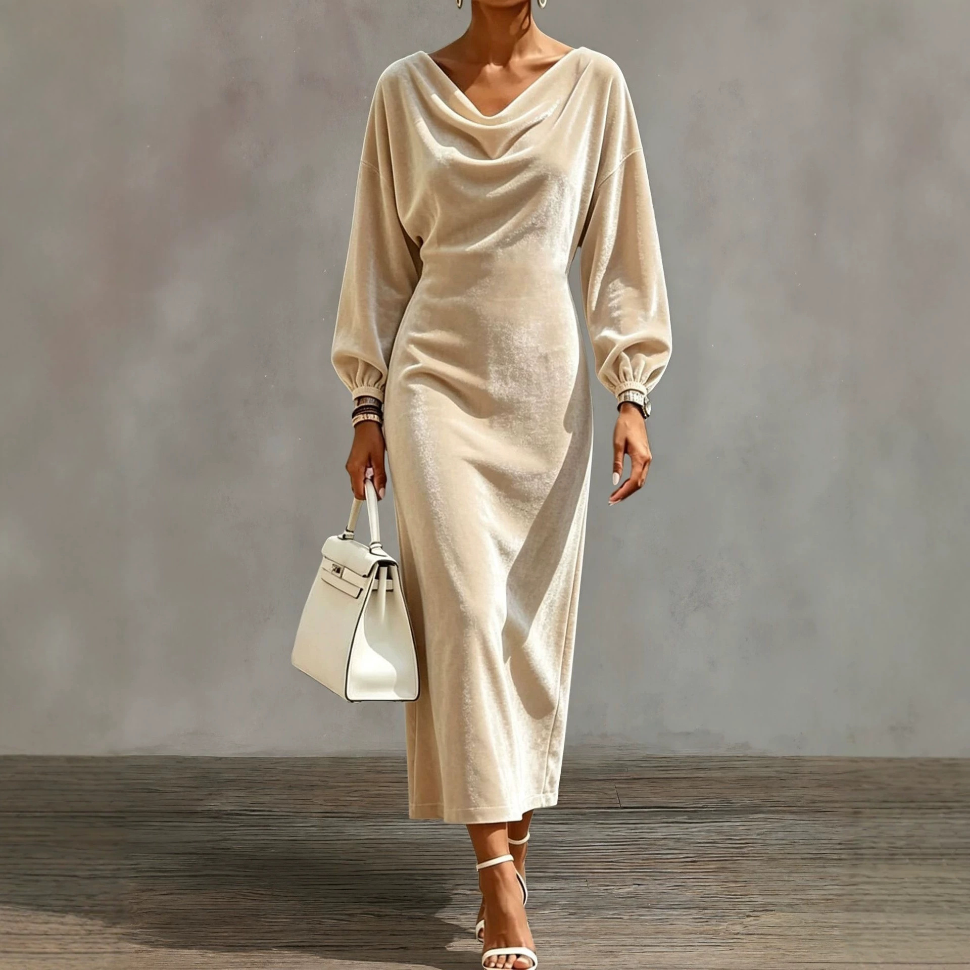 Solid Velvet Cowl Neck Slim Fit Long Sleeve Dress