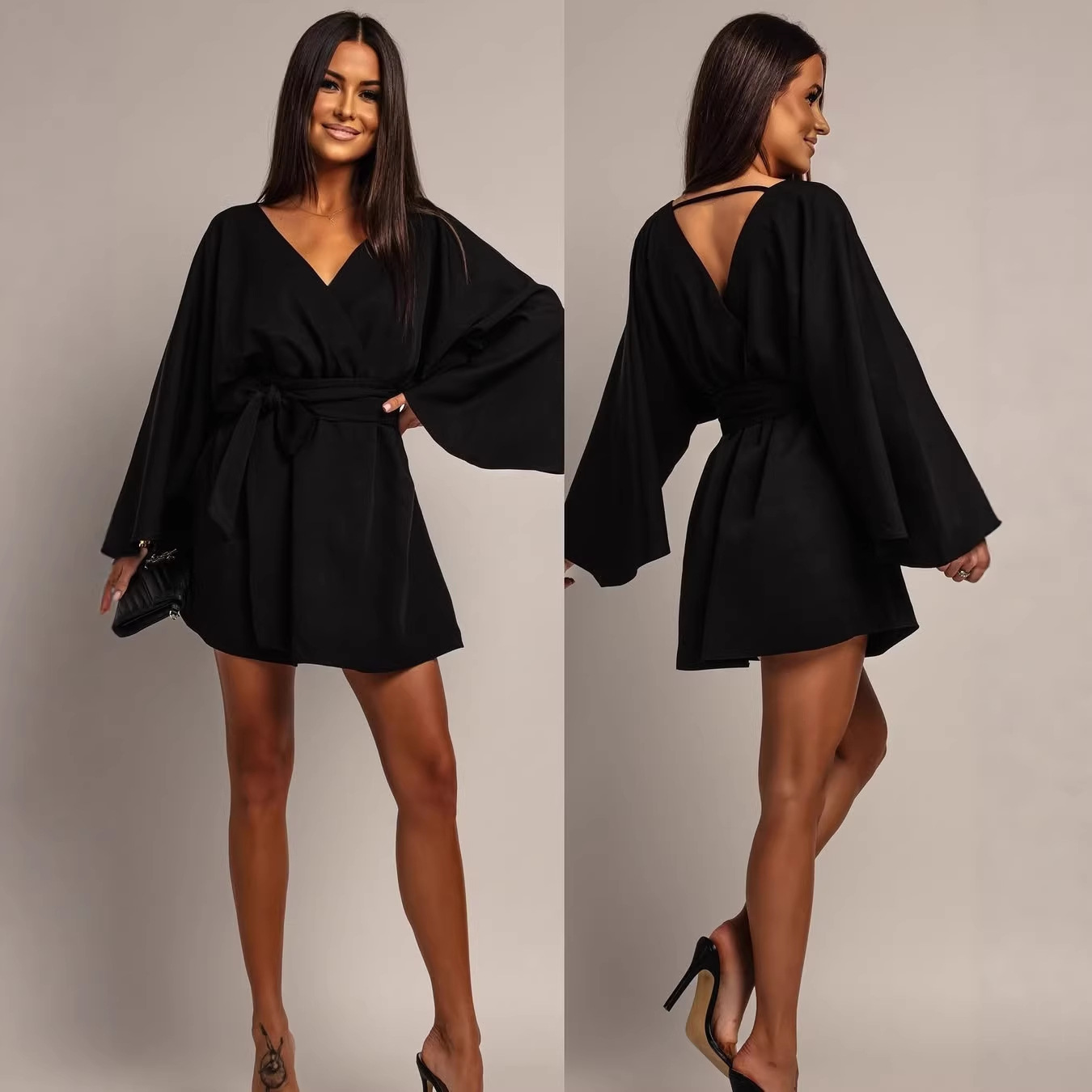 V-Neck Tie-Waist Batwing Sleeve Solid Dress