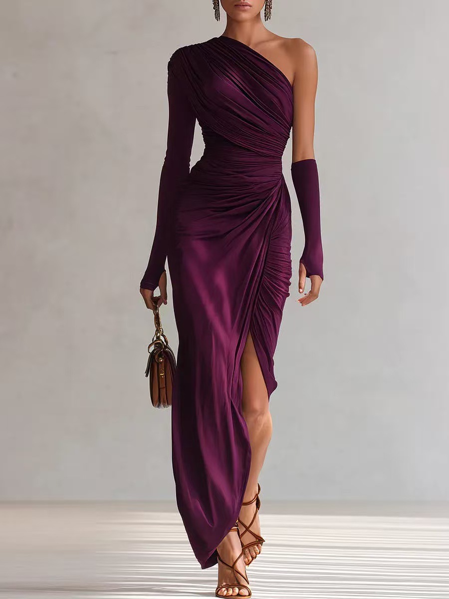 Purple Ruched One-Shoulder Long Sleeve Bodycon Maxi Dress
