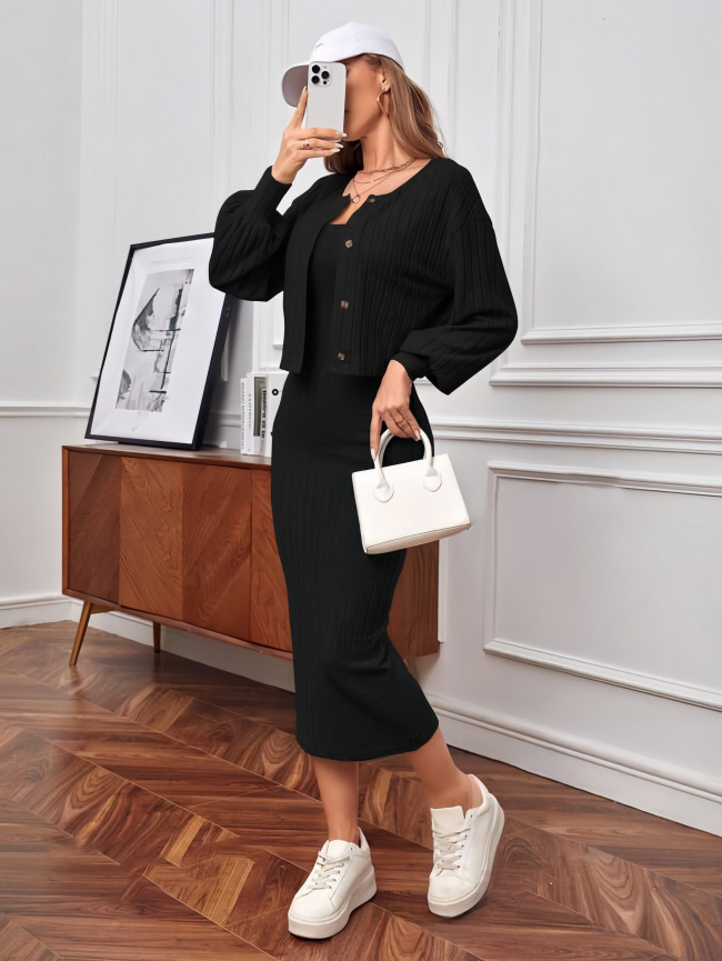 Women's Two-Piece Cardigan and Bodycon Dress Set