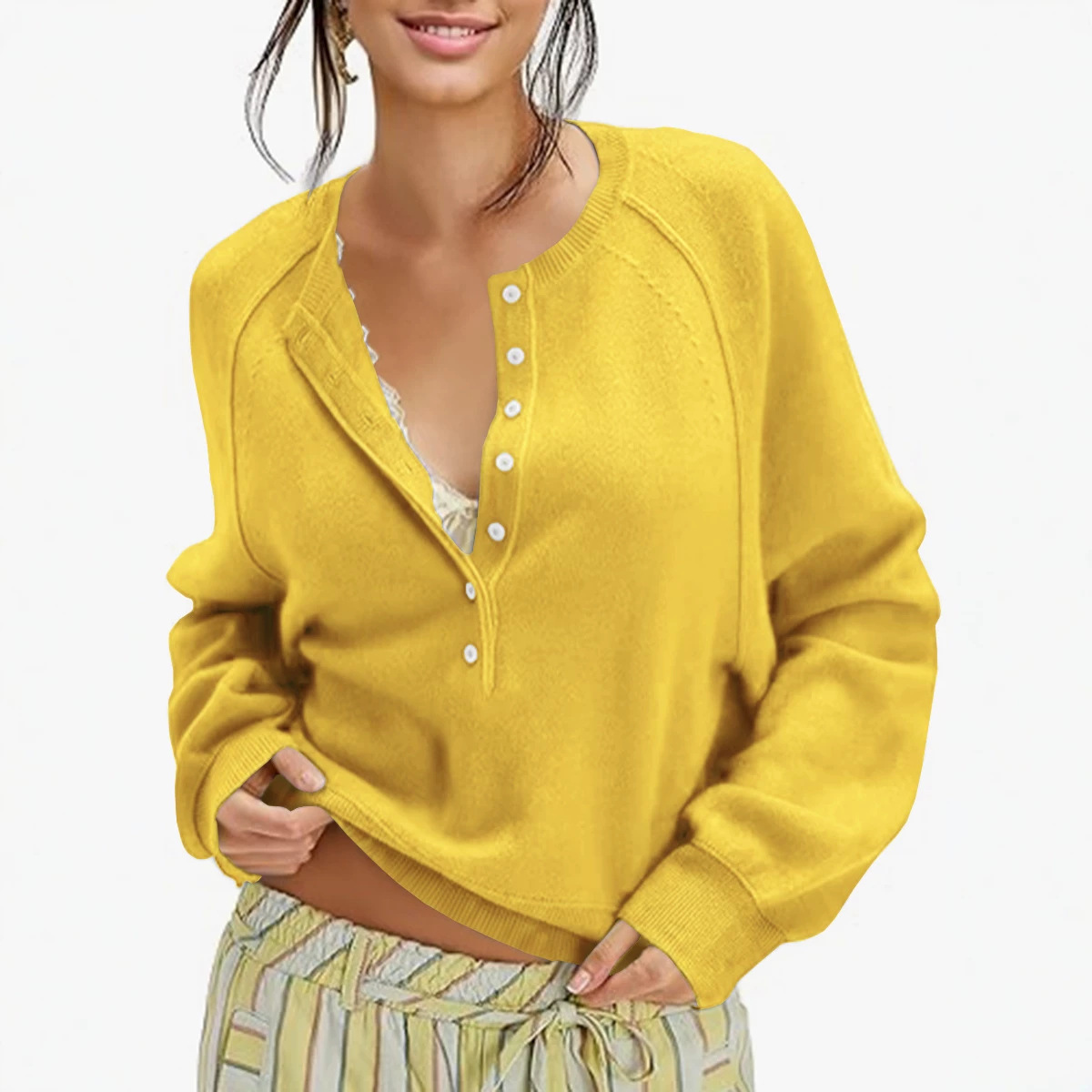Women's Button-Front Half-Open Neck Sweater Loose Knit Top