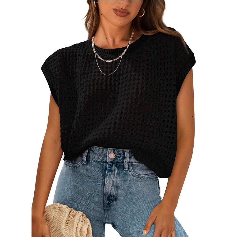 Women's Round Neck Hollow Out Knit Sun Protection Cover-Up