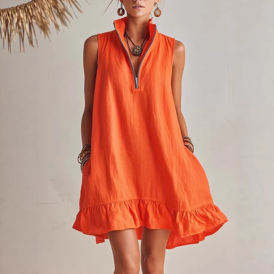 Cotton Linen Solid V-Neck Sleeveless A-Line Dress
