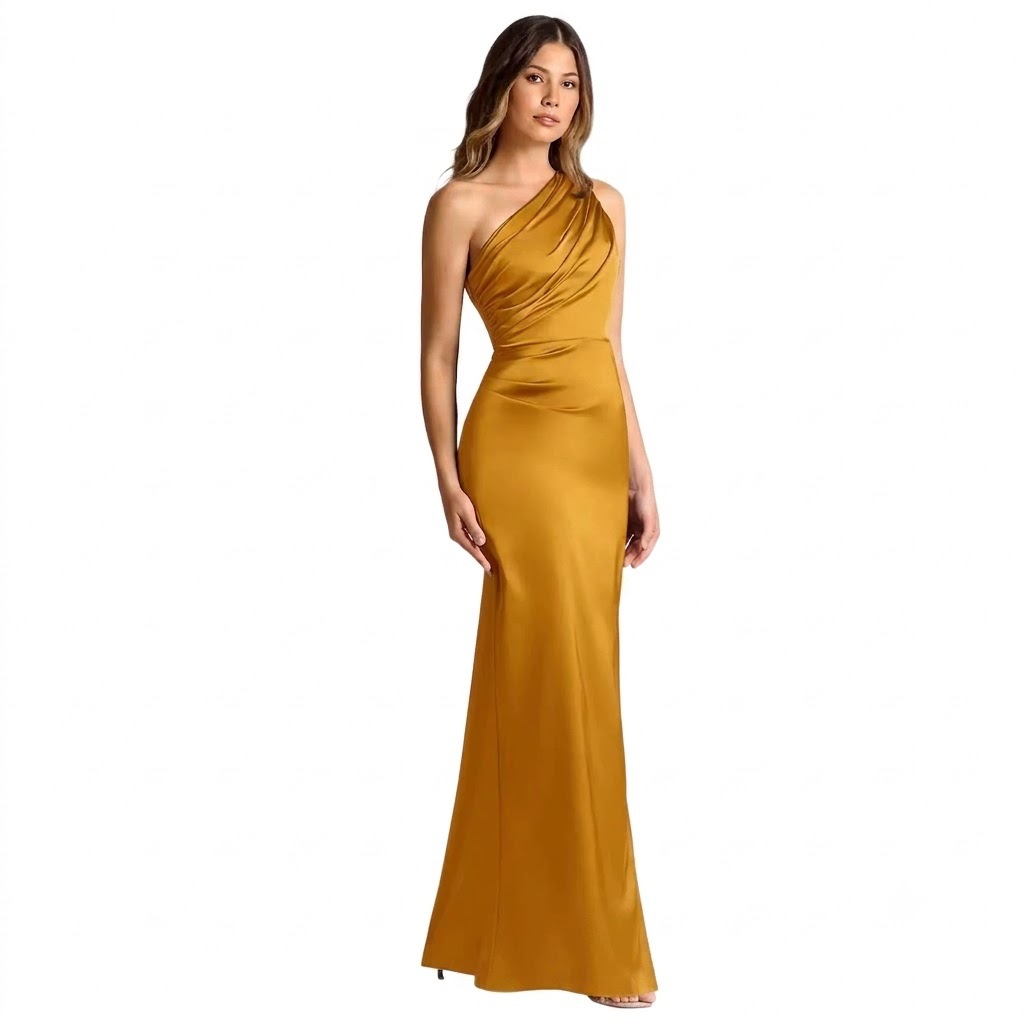 One-Shoulder Satin Evening Dress Asymmetric Long Gown