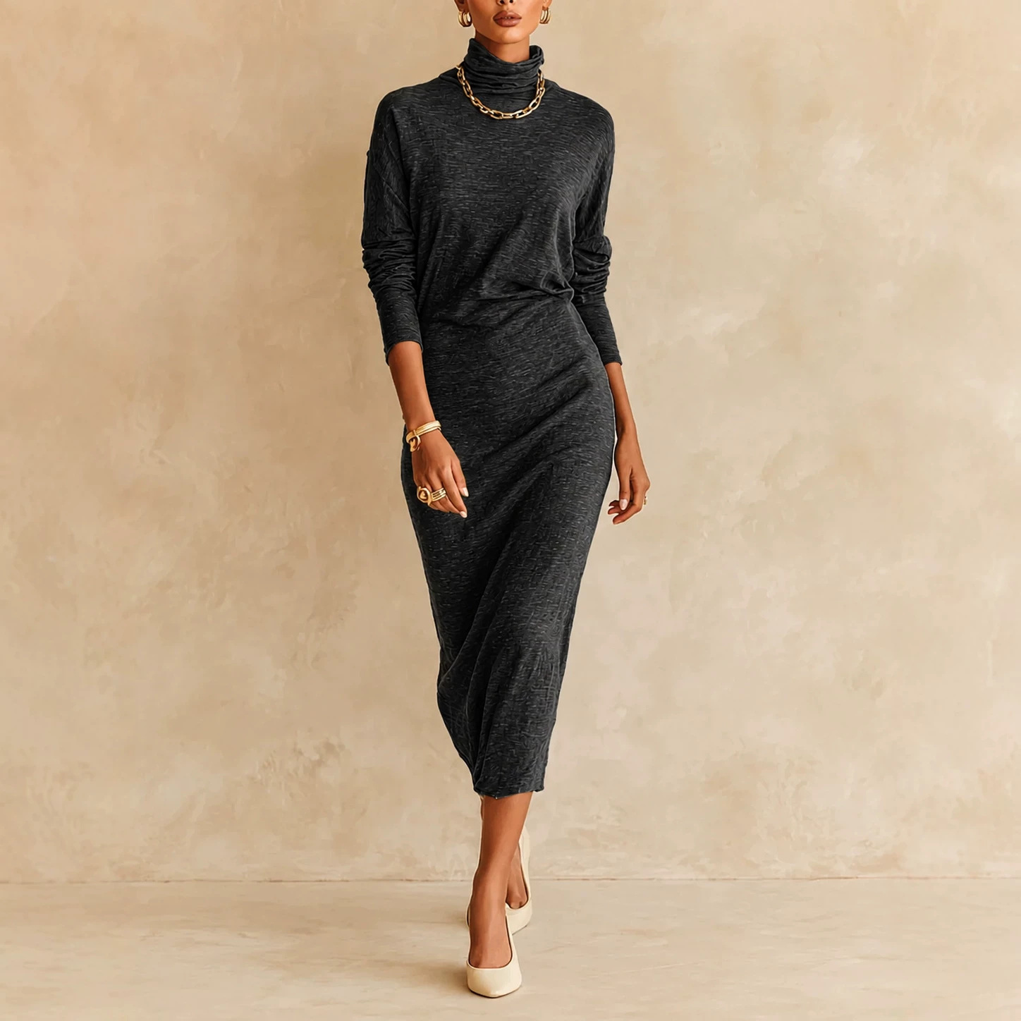 Women's Turtleneck Solid Bodycon Midi Dress Slim Fit Elegant