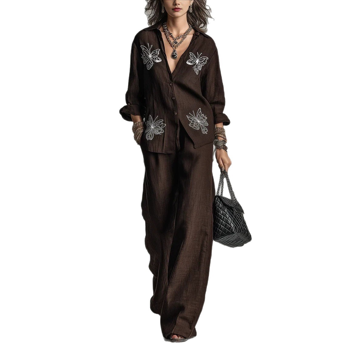 Women's Butterfly Embroidered Shirt & Wide-Leg Pants Two-Piece Set