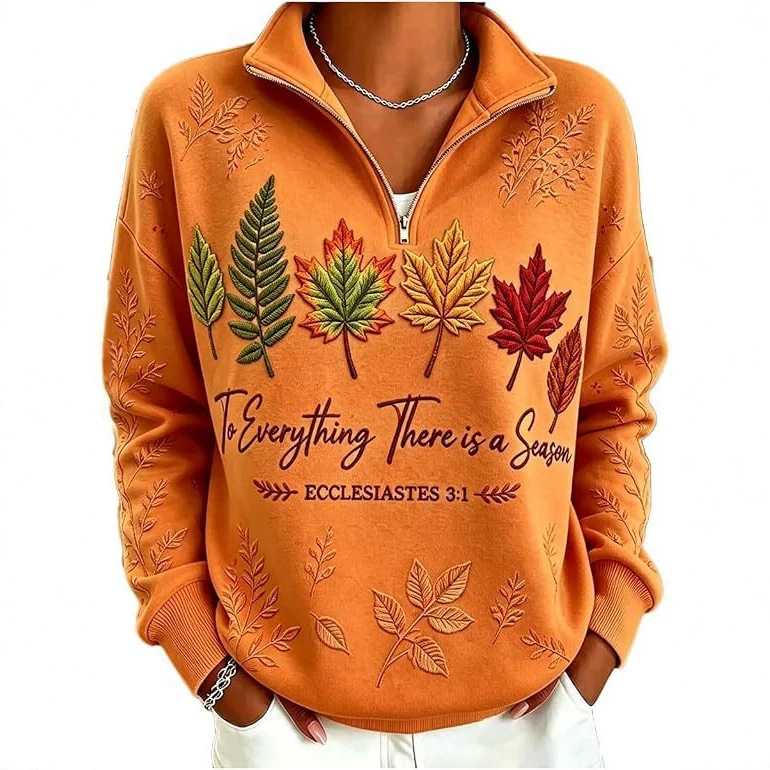 Women's Leaf Maple Tree Print Half-Zip Hoodie