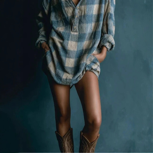 Women's Plaid Henley Neck Long Sleeve Shirt Dress Mini Straight High Waist