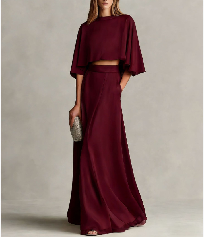 Women's Satin Cape-Sleeve Long Dress Set Elegant Luxury Style